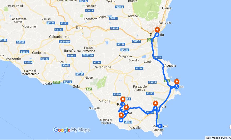 mappa Road trip to Southeastern Sicily